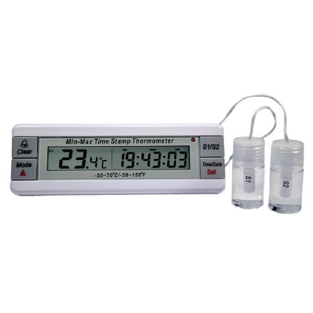 PANTek Technologies LLC Refrigerator / Freezer Thermometer Thermco® Min-Max Time Stamp Fahrenheit / Celsius -40° to +158°F (-40° to +70°C) 2 Bottle Probes Door / Wall Mount Battery Operated - Each - ACC8100MATAND-EA
