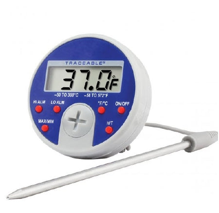 Cole-Parmer Inst. Digital Thermometer with Alarm Traceable® Full-Scale Plus Celsius -58Â° to +572Â°F (-50Â° to +300Â°C) Stainless Steel Probe Multiple Mounting Options Battery Operated - Each - 98767-38-EA