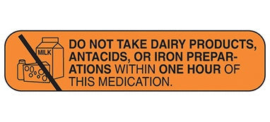 Health Care Logistics Pre-Printed Label Indeed Auxiliary Label Orange Paper Do Not Take Dairy Products, Antacids or Iron Preparations Within One Hour of This Medication Black Safety and Instructional 3/8 X 1-5/8 Inch - Pack of 1000 - 2004-PK