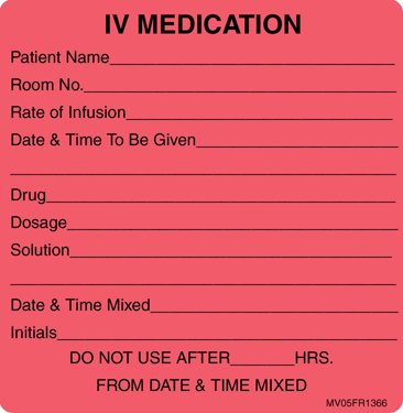 Precision Dynamics Pre-Printed Label MedVision® Advisory Label Fluorescent Red Paper IV Medication Added Black Medication Instruction 2-7/16 X 2-1/2 Inch - Roll of 1 - MV05FR1366-RL
