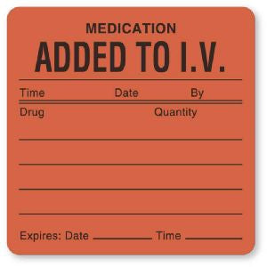 United Ad Label Pre-Printed Label UAL™ Advisory Label Fluorescent Red Paper Added To I/V. Tme_Date_By_ Black Medication Name 2-1/2 X 2-1/2 Inch - Roll of 1 - ULHH207-RL