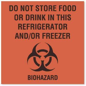 United Ad Label Pre-Printed Label Auxiliary Label Red Paper Do Not Store Food Or Drink In This Refrigerator And\Or Freezer Biohazard Black Safety and Instructional 4-1/2 X 4-1/2 Inch - Pack of 10 - ULBH068-PK