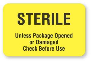 United Ad Label Pre-Printed Label Advisory Label Yellow Paper Sterile Unless Package Opened Or Damaged Check Before Use Black Safety and Instructional 1-1/8 X 1-3/4 Inch - Roll of 1 - ULCS652-RL
