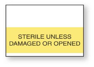 United Ad Label Pre-Printed Label Advisory Label Yellow Paper Sterile Unless Damaged Or Opened Black Safety and Instructional 15-16 X 5/8 Inch - Box of 1 - ULCS408-BX