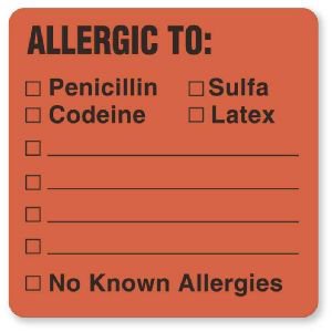 United Ad Label Pre-Printed Label UAL™ Allergy Alert Fluorescent Red Paper Allergic To, Penicillin Sulfa Codeine Latex No Known Allergies Black Alert Label 1-1/2 X 1-1/2 Inch - Roll of 1 - ULHN877-RL