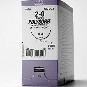 Covidien Absorbable Suture with Needle Polysorb™ Polyester GS -24 1/2 Circle Taper Point Needle Size 1 Braided - Box of 36 - CL-803-BX